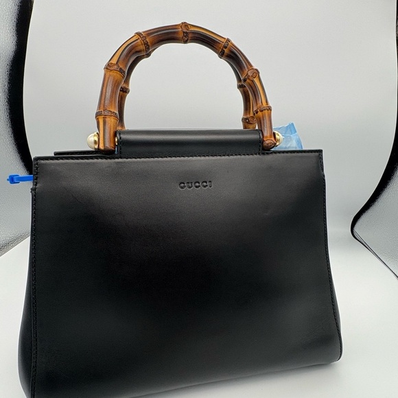 GUCCI Nappa Bamboo Nymphaea Top Handle Satchel Bag Black with Dustbag - Picture 4 of 16